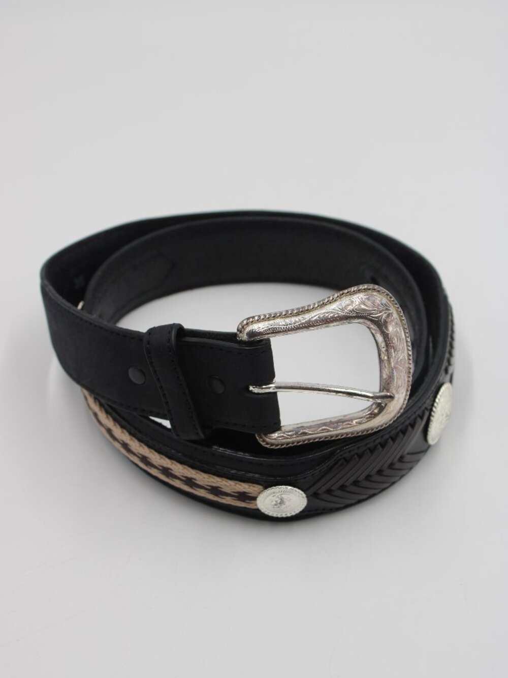 Tony Lama Western Black Leather Woven Concho Belt Size 36 Cowboy Silver Buckle